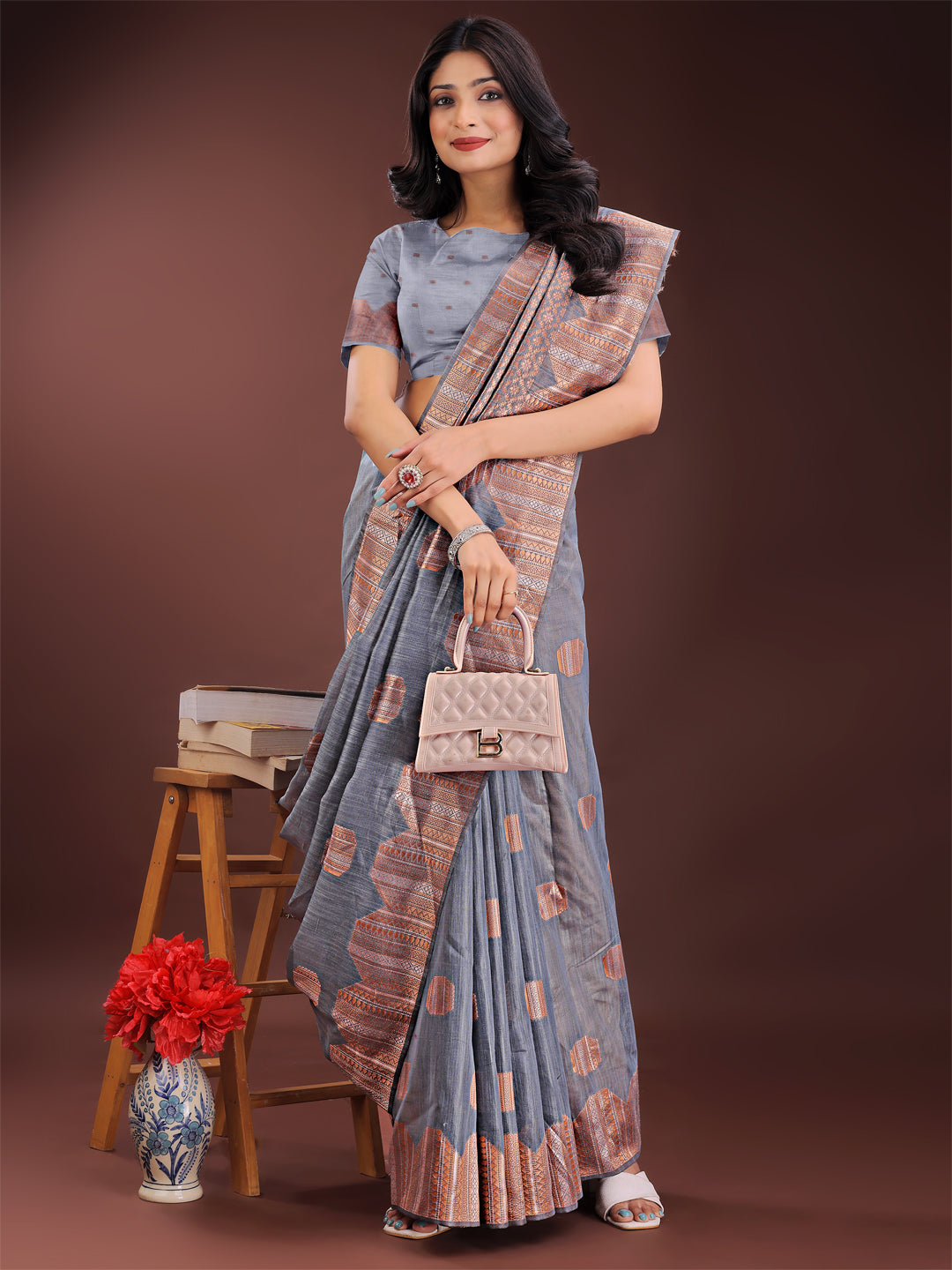 Shree Shyam Fashion Grey Linen Cotton Saree with Woven Geometric Zari Motifs - Elegant Festive Wear for Women | Grocsy