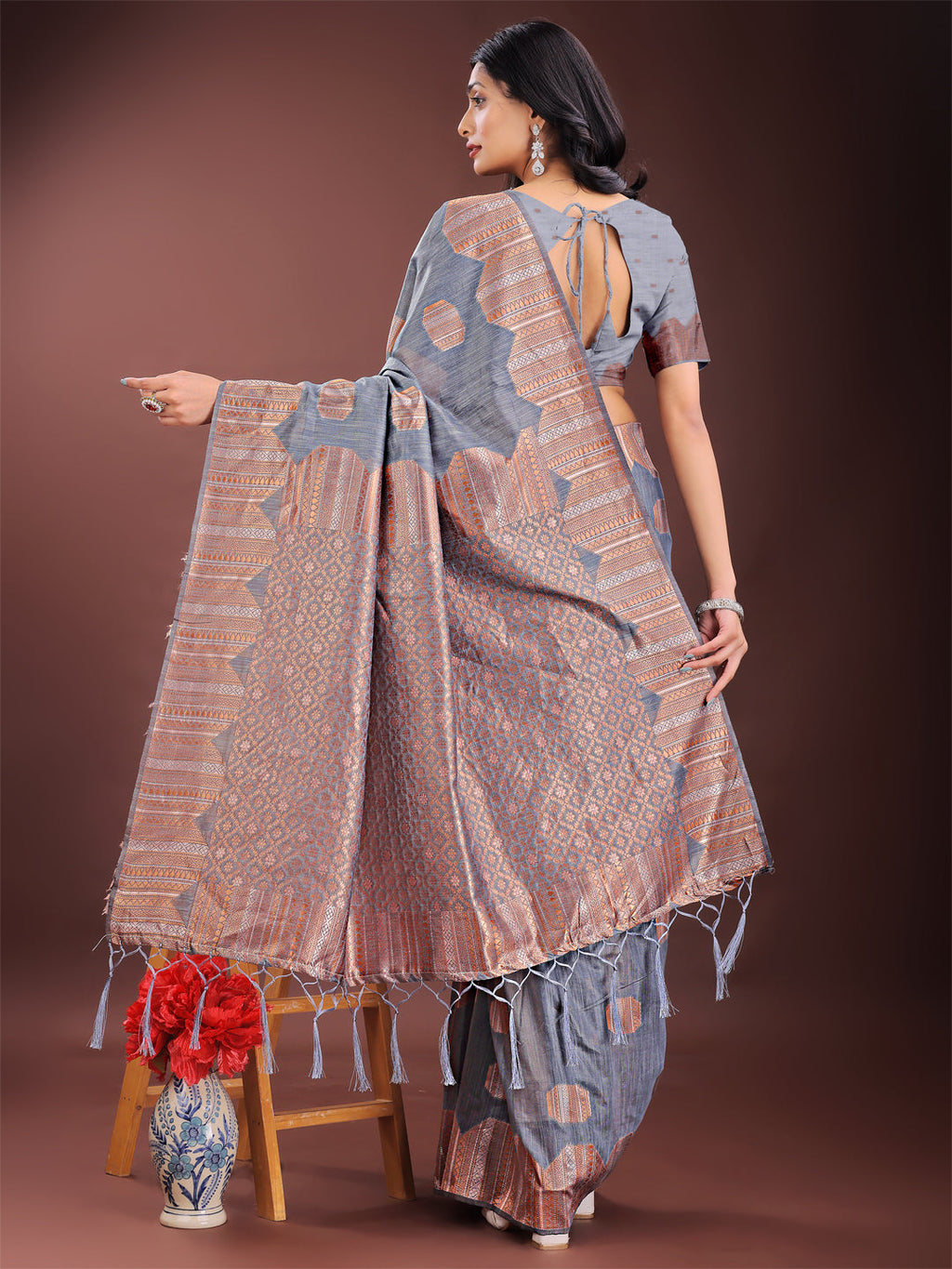 Shree Shyam Fashion Grey Linen Cotton Saree with Woven Geometric Zari Motifs - Elegant Festive Wear for Women | Grocsy