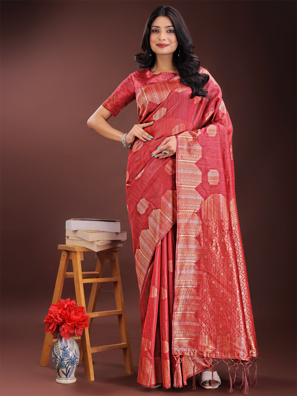 Shree Shyam Fashion Red Linen Cotton Saree with Woven Geometric Zari Motifs - Elegant Festive Wear for Women | Grocsy