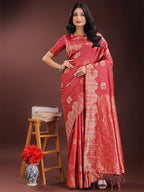 Shree Shyam Fashion Red Linen Cotton Saree with Woven Geometric Zari Motifs - Elegant Festive Wear for Women | Grocsy