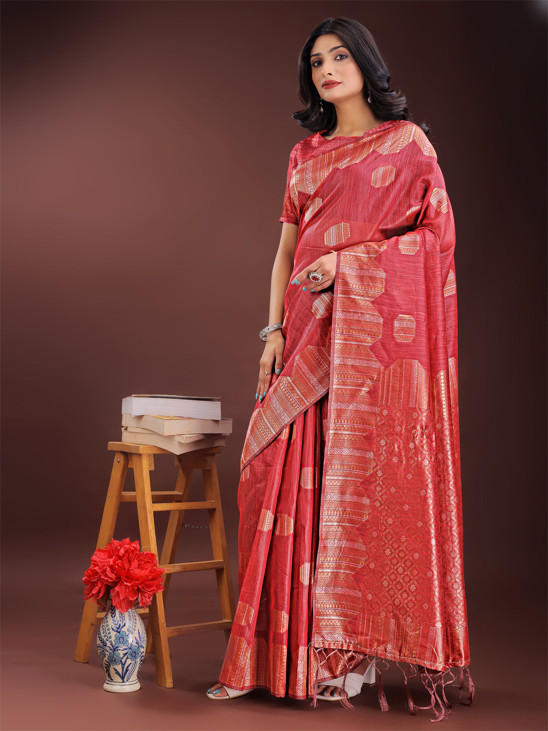 Shree Shyam Fashion Red Linen Cotton Saree with Woven Geometric Zari Motifs - Elegant Festive Wear for Women | Grocsy