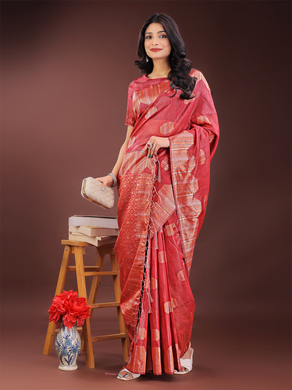 Shree Shyam Fashion Red Linen Cotton Saree with Woven Geometric Zari Motifs - Elegant Festive Wear for Women | Grocsy