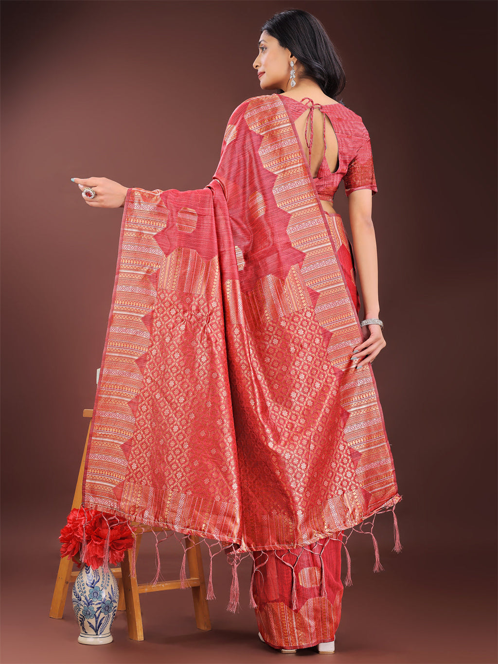 Shree Shyam Fashion Red Linen Cotton Saree with Woven Geometric Zari Motifs - Elegant Festive Wear for Women | Grocsy