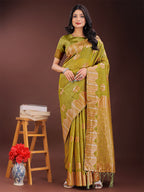 Shree Shyam Fashion Mustard Linen Cotton Saree with Woven Geometric Zari Motifs - Elegant Festive Wear for Women | Grocsy