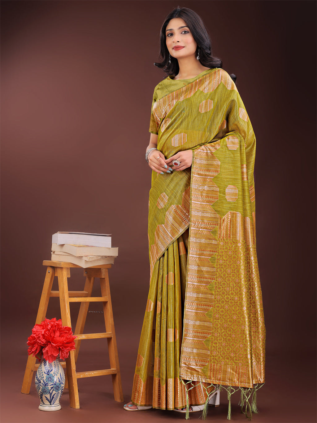 Shree Shyam Fashion Mustard Linen Cotton Saree with Woven Geometric Zari Motifs - Elegant Festive Wear for Women | Grocsy