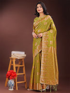 Shree Shyam Fashion Mustard Linen Cotton Saree with Woven Geometric Zari Motifs - Elegant Festive Wear for Women | Grocsy