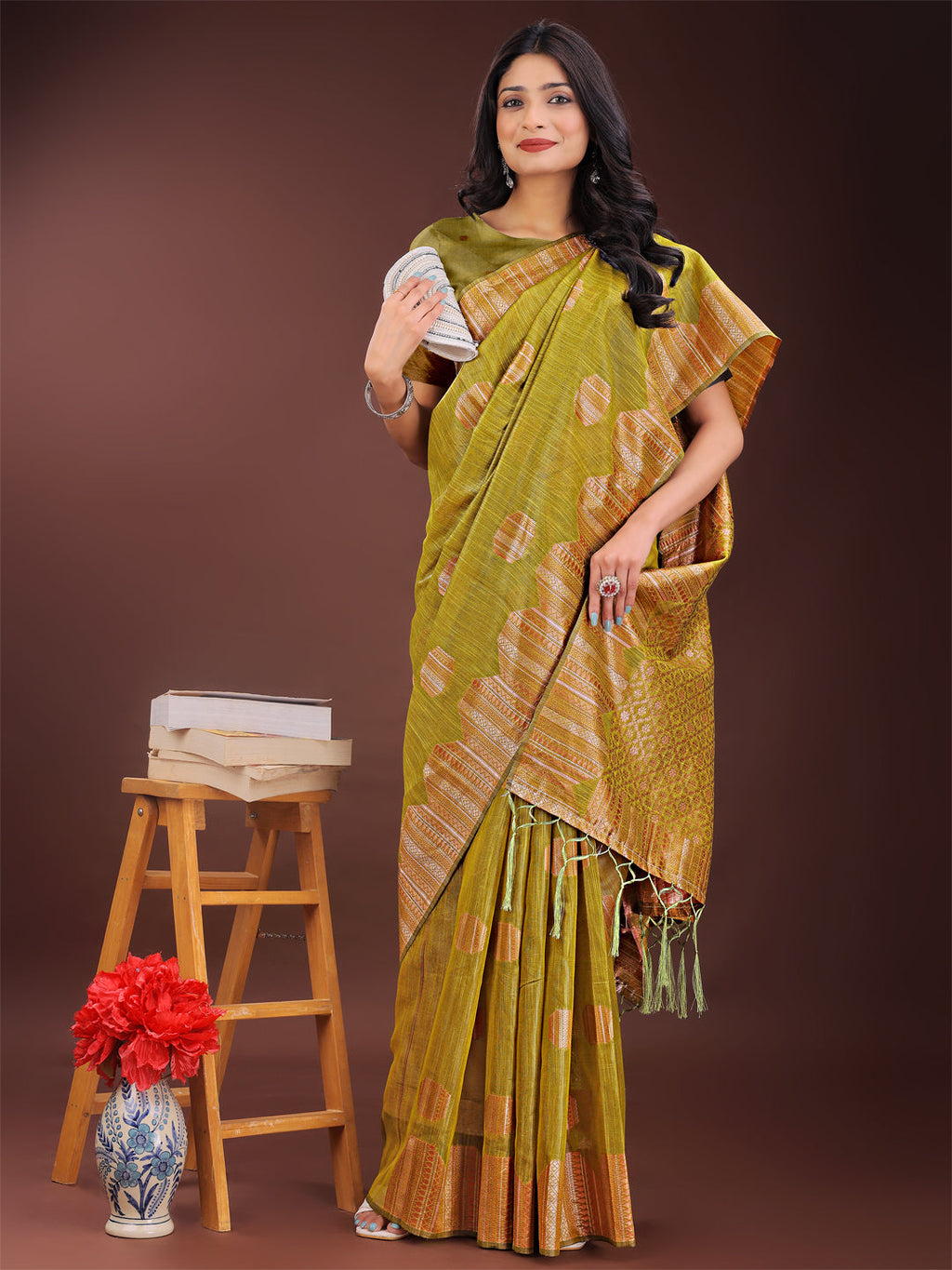 Shree Shyam Fashion Mustard Linen Cotton Saree with Woven Geometric Zari Motifs - Elegant Festive Wear for Women | Grocsy