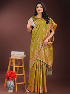Shree Shyam Fashion Mustard Linen Cotton Saree with Woven Geometric Zari Motifs - Elegant Festive Wear for Women | Grocsy