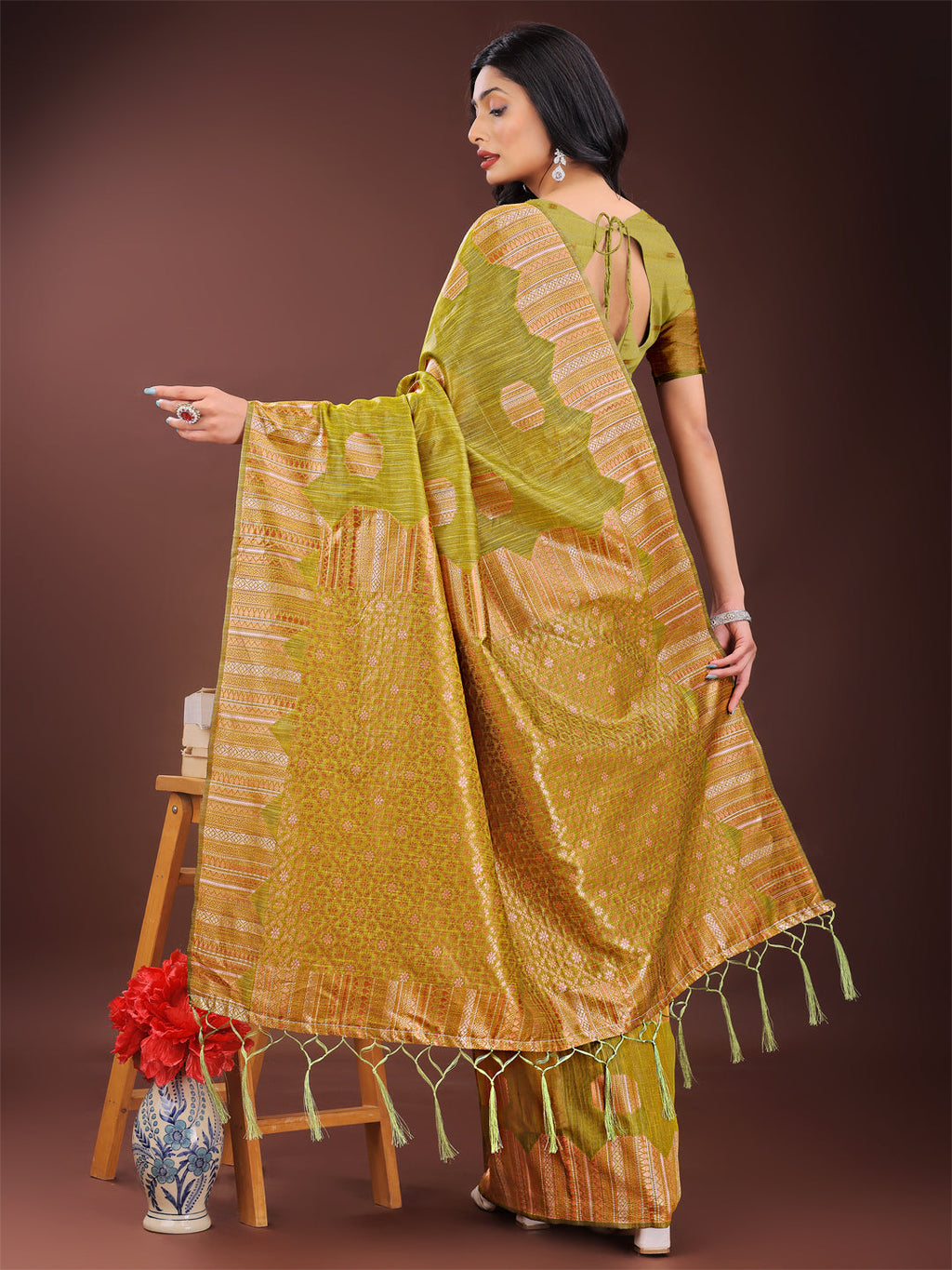 Shree Shyam Fashion Mustard Linen Cotton Saree with Woven Geometric Zari Motifs - Elegant Festive Wear for Women | Grocsy