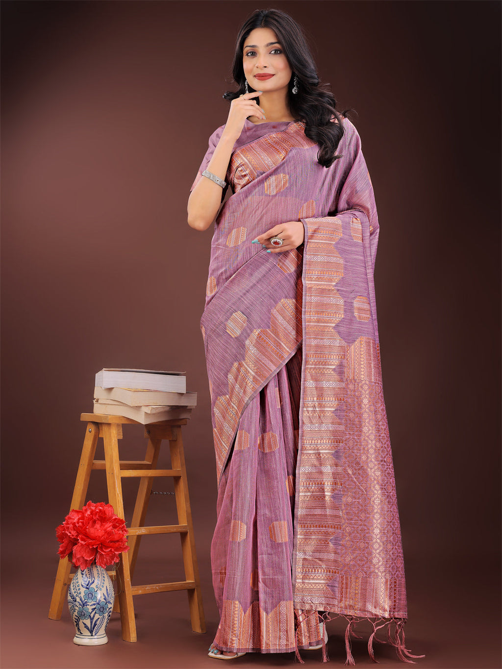 Shree Shyam Fashion Purple Linen Cotton Saree with Woven Geometric Zari Motifs - Elegant Festive Wear for Women | Grocsy