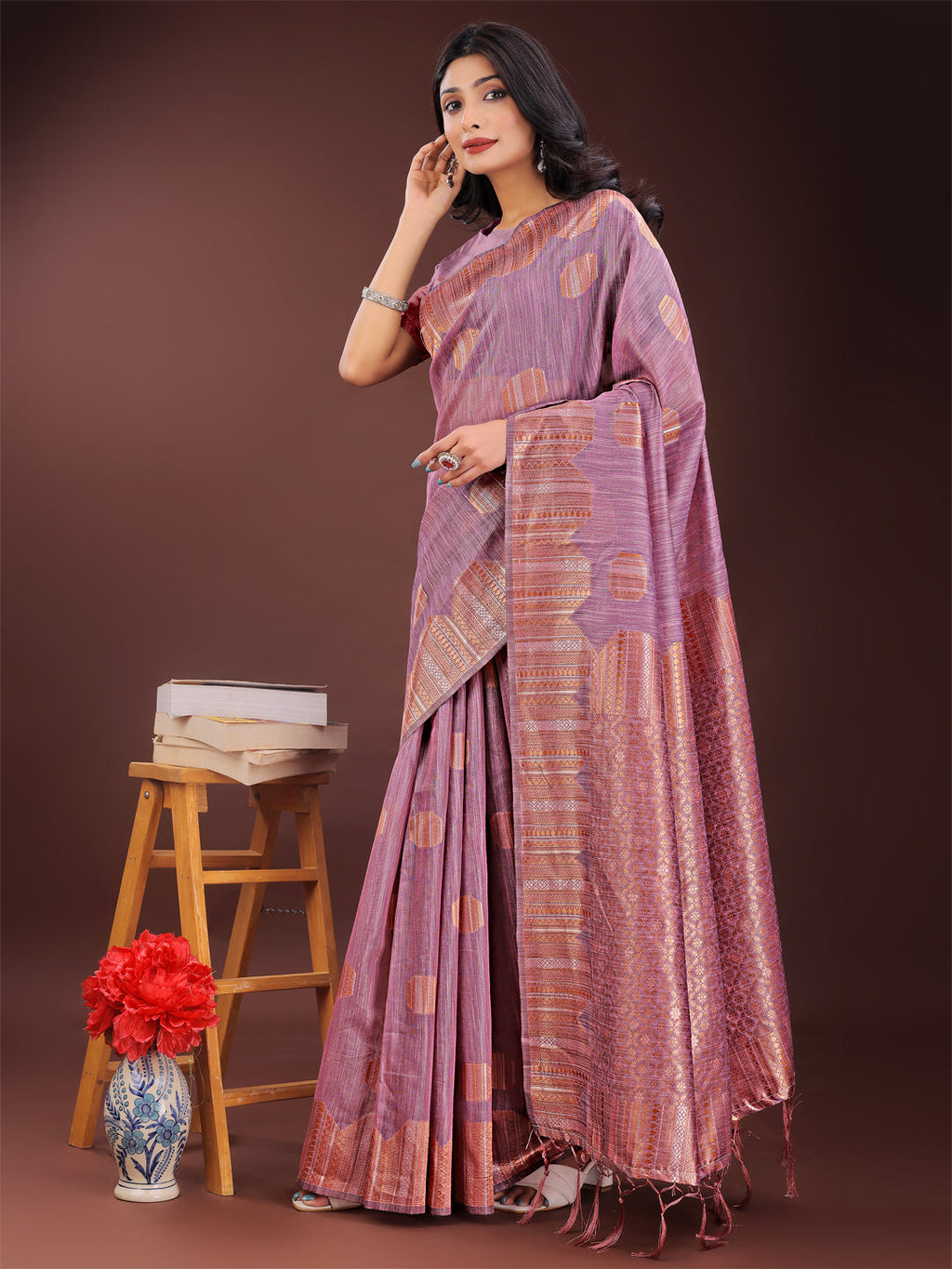 Shree Shyam Fashion Purple Linen Cotton Saree with Woven Geometric Zari Motifs - Elegant Festive Wear for Women | Grocsy