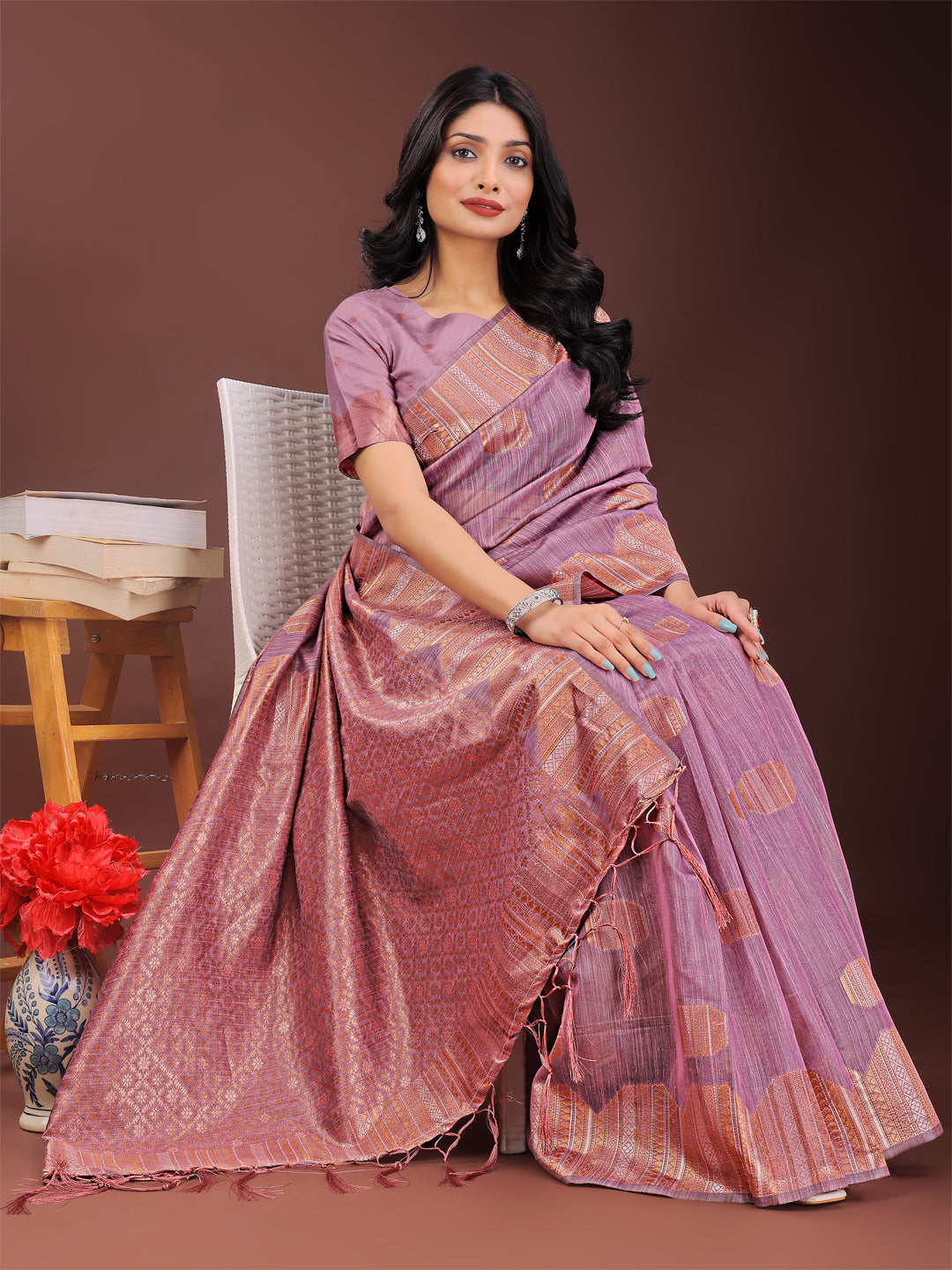 Shree Shyam Fashion Purple Linen Cotton Saree with Woven Geometric Zari Motifs - Elegant Festive Wear for Women | Grocsy