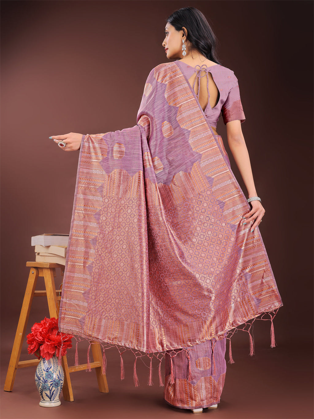 Shree Shyam Fashion Purple Linen Cotton Saree with Woven Geometric Zari Motifs - Elegant Festive Wear for Women | Grocsy
