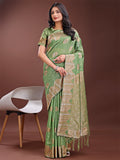 Shree Shyam Fashion Light Green Linen Cotton Saree with Woven Geometric Zari Motifs - Elegant Festive Wear for Women | Grocsy