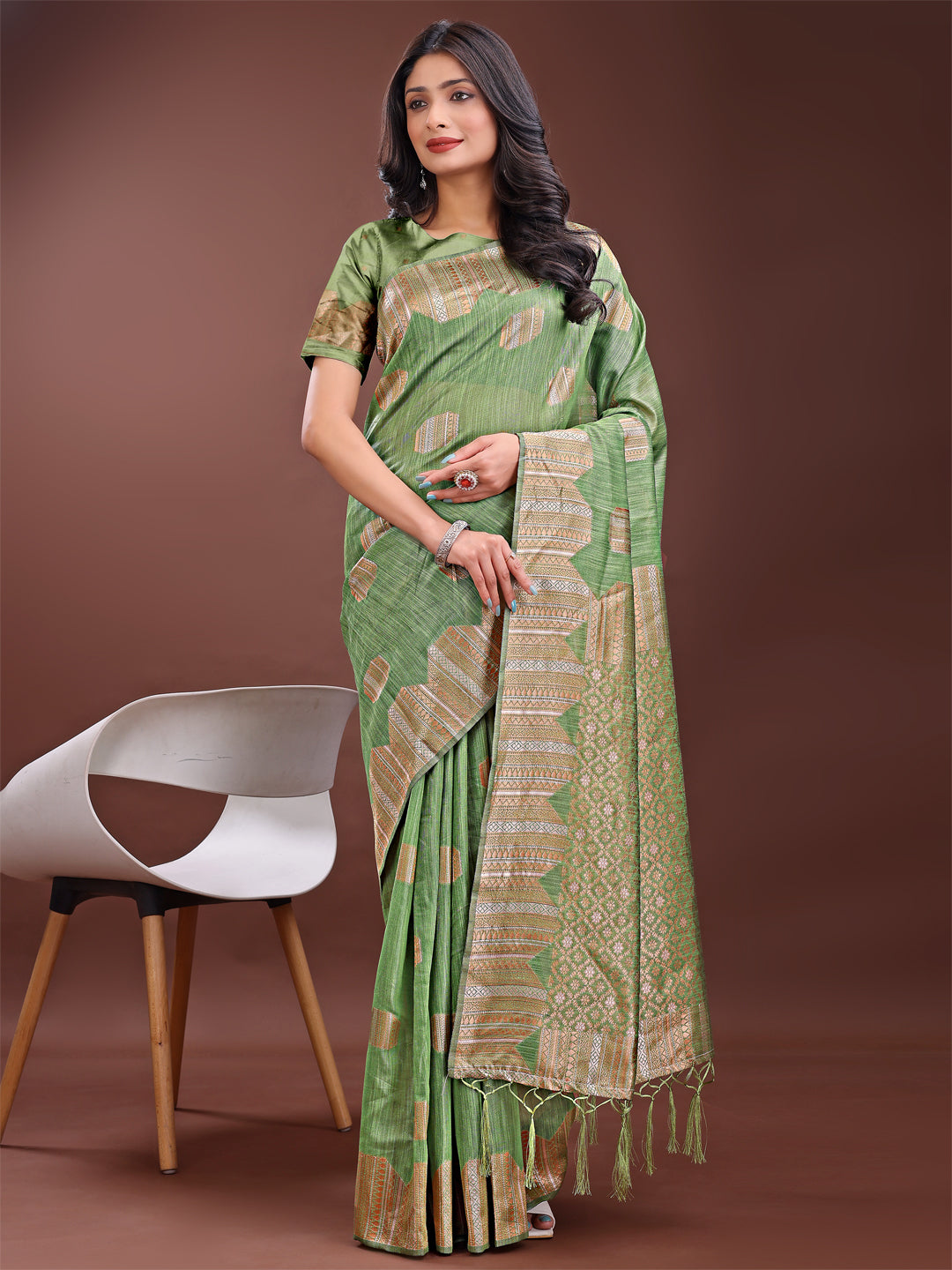 Shree Shyam Fashion Light Green Linen Cotton Saree with Woven Geometric Zari Motifs - Elegant Festive Wear for Women | Grocsy