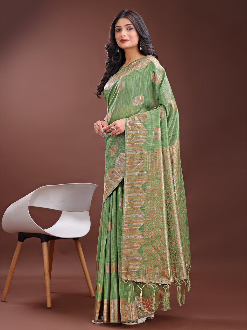 Shree Shyam Fashion Light Green Linen Cotton Saree with Woven Geometric Zari Motifs - Elegant Festive Wear for Women | Grocsy