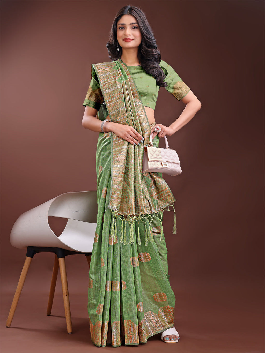 Shree Shyam Fashion Light Green Linen Cotton Saree with Woven Geometric Zari Motifs - Elegant Festive Wear for Women | Grocsy