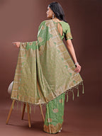 Shree Shyam Fashion Light Green Linen Cotton Saree with Woven Geometric Zari Motifs - Elegant Festive Wear for Women | Grocsy