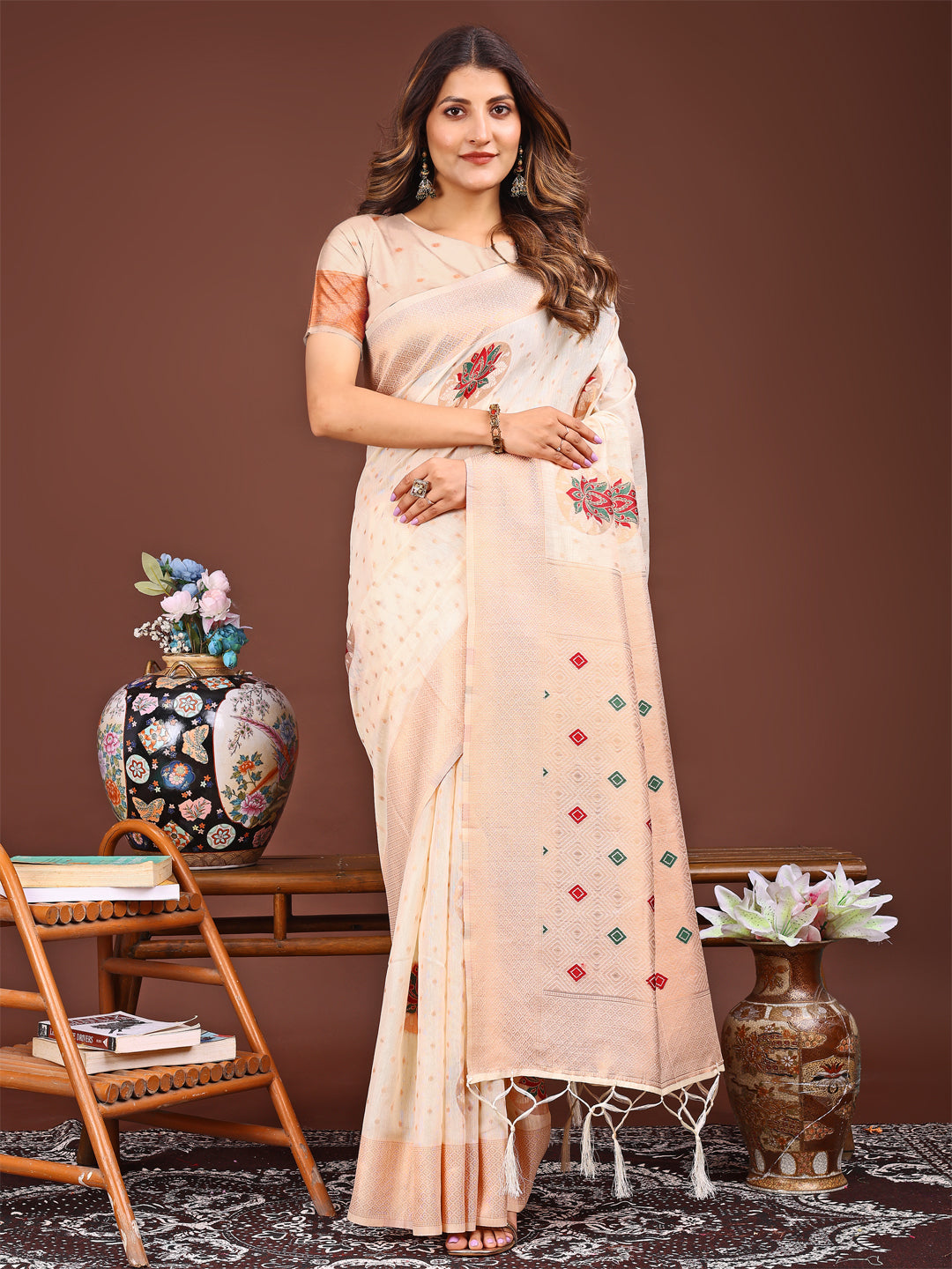 Shree Shyam Fashion Elegant Cream Woven Work Saree - A Whiff of Tradition Wrapped in Grace | Grocsy