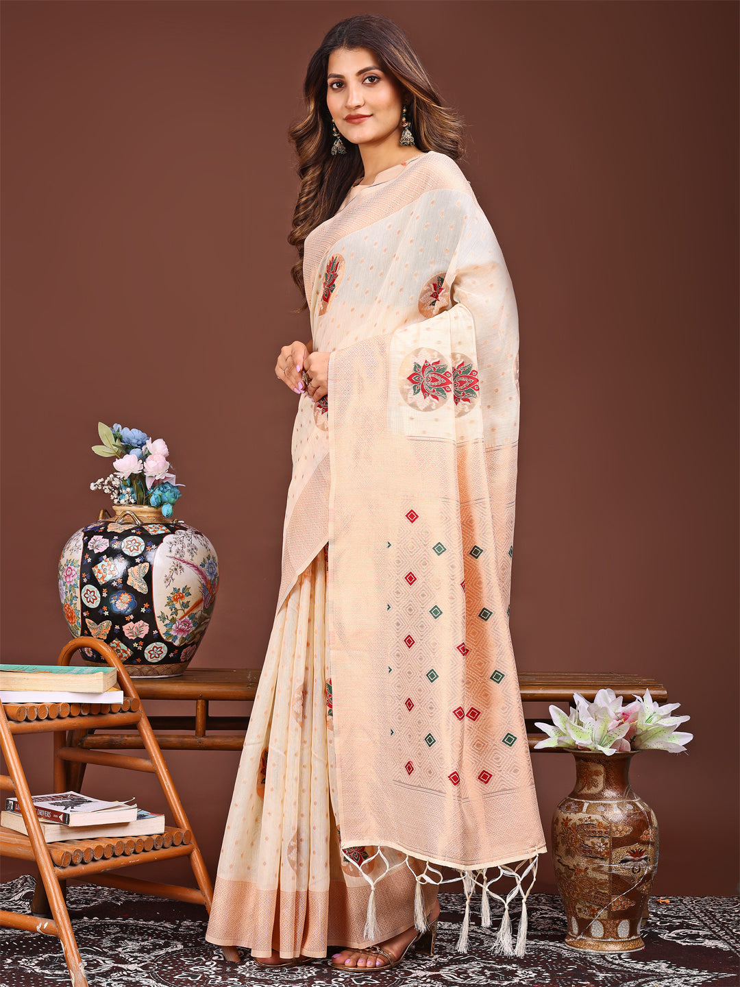 Shree Shyam Fashion Elegant Cream Woven Work Saree - A Whiff of Tradition Wrapped in Grace | Grocsy