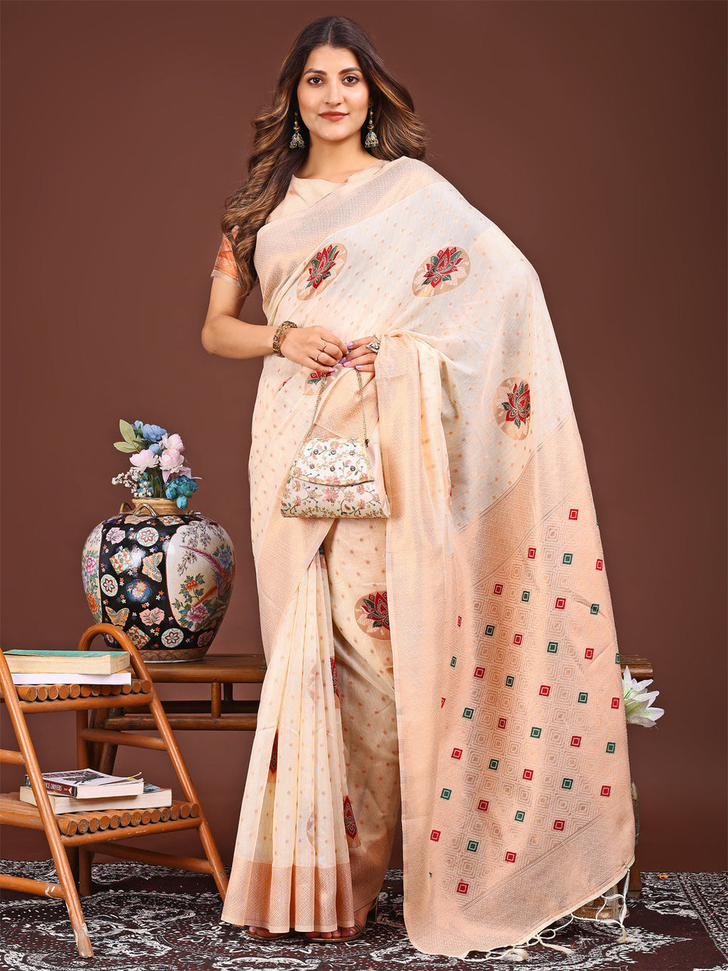 Shree Shyam Fashion Elegant Cream Woven Work Saree - A Whiff of Tradition Wrapped in Grace | Grocsy