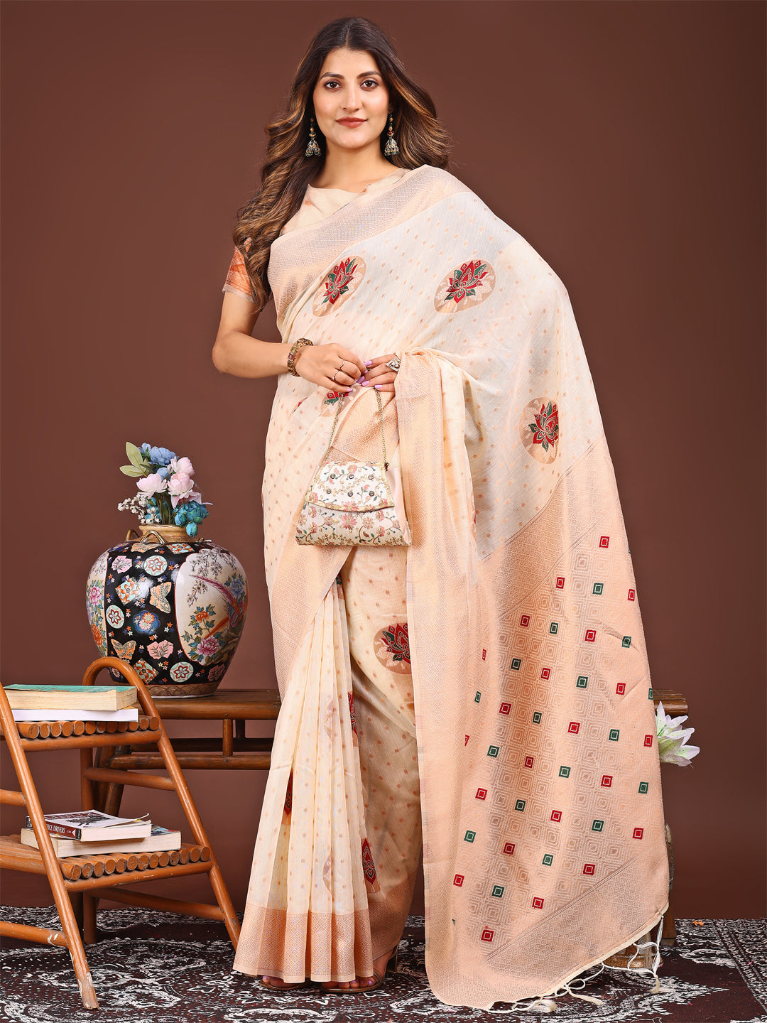 Shree Shyam Fashion Elegant Cream Woven Work Saree - A Whiff of Tradition Wrapped in Grace | Grocsy