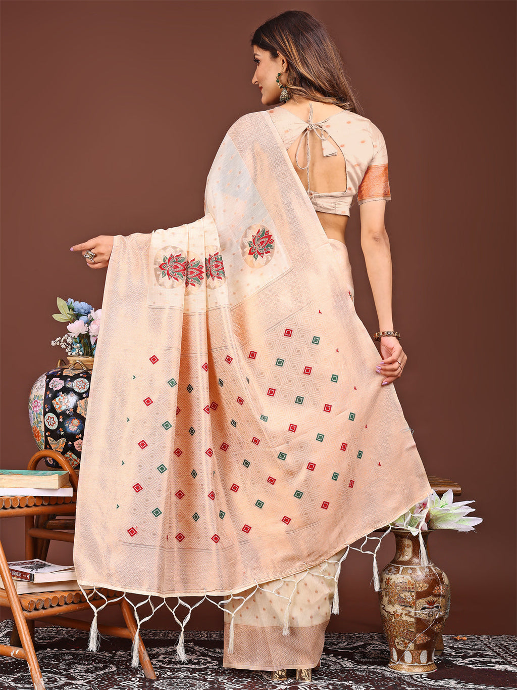 Shree Shyam Fashion Elegant Cream Woven Work Saree - A Whiff of Tradition Wrapped in Grace | Grocsy