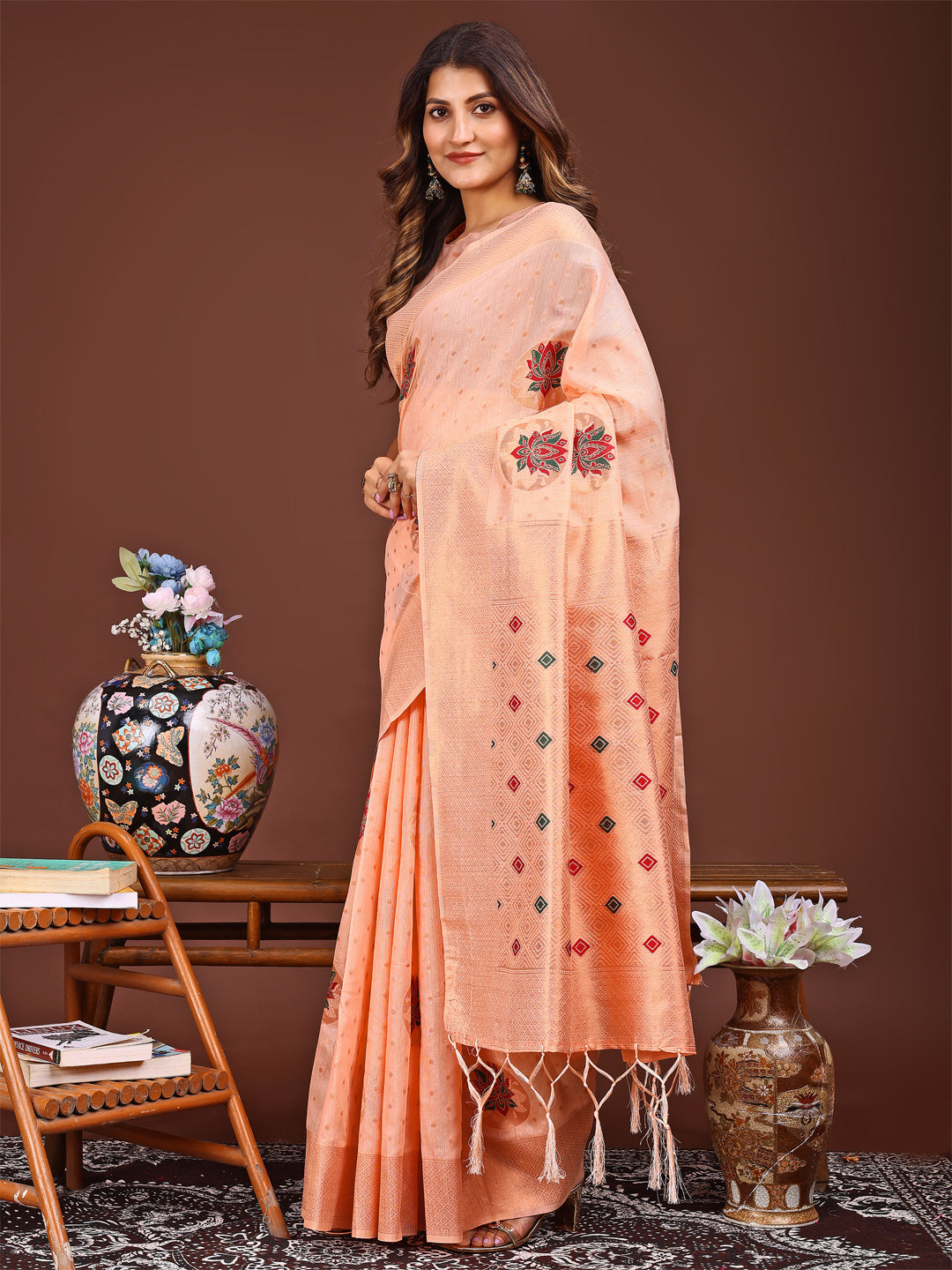 Shree Shyam Fashion Elegant Peach Woven Work Saree - A Whiff of Tradition Wrapped in Grace | Grocsy