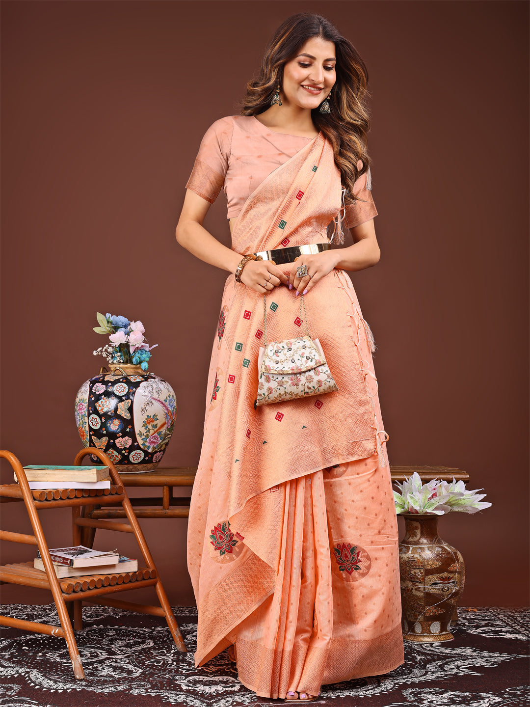 Shree Shyam Fashion Elegant Peach Woven Work Saree - A Whiff of Tradition Wrapped in Grace | Grocsy