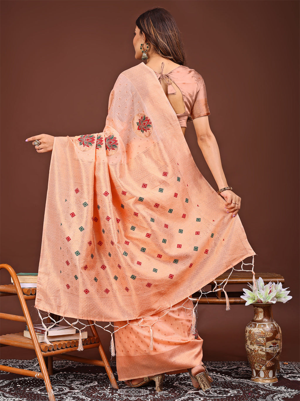 Shree Shyam Fashion Elegant Peach Woven Work Saree - A Whiff of Tradition Wrapped in Grace | Grocsy