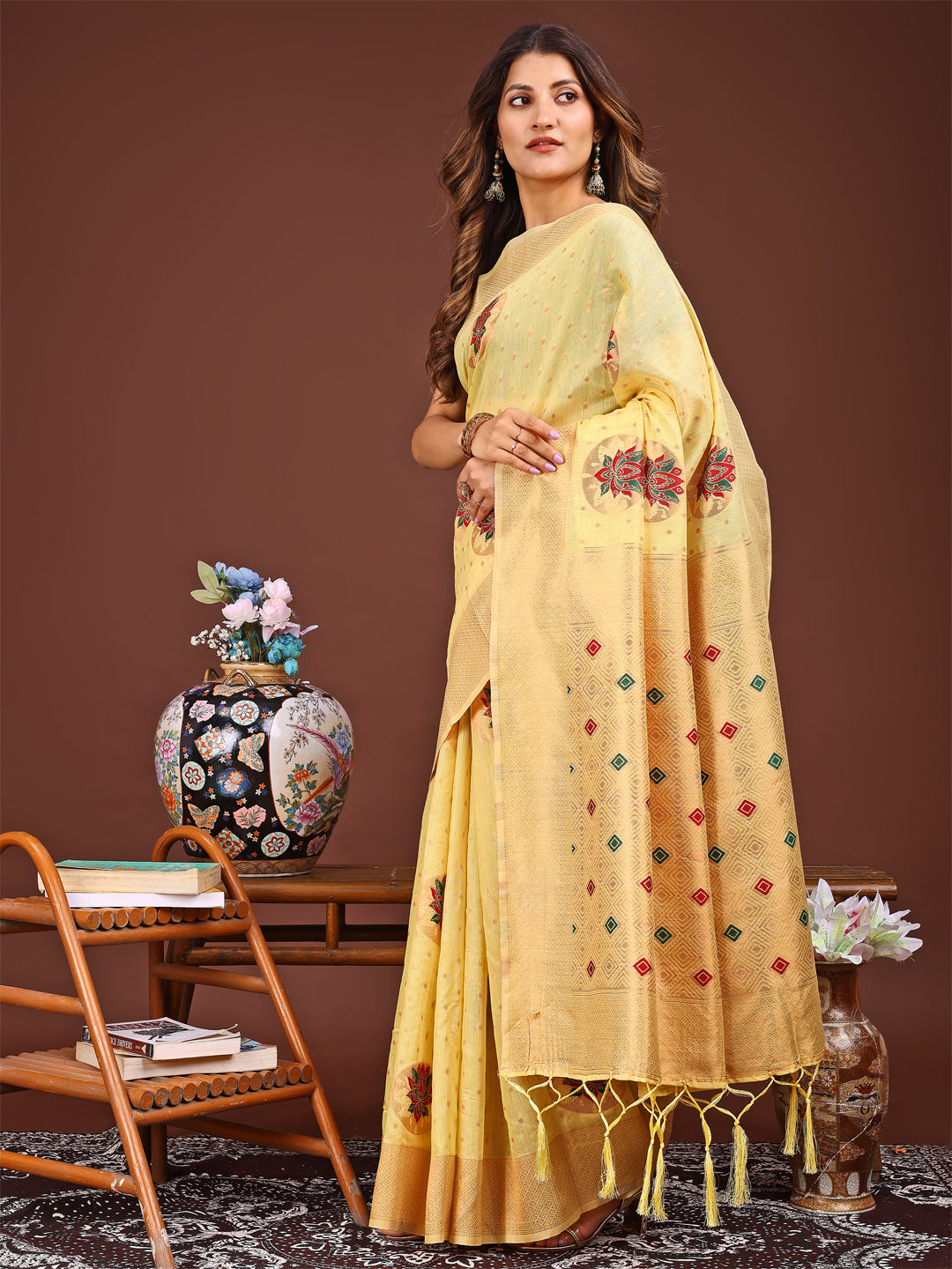 Shree Shyam Fashion Elegant Yellow Woven Work Saree - A Whiff of Tradition Wrapped in Grace | Grocsy