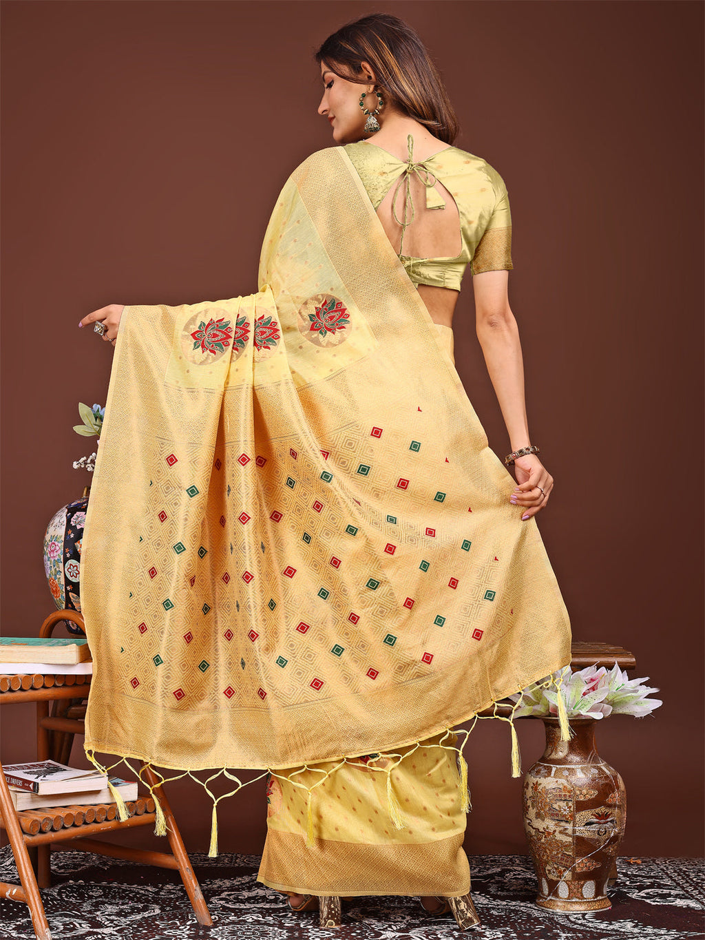 Shree Shyam Fashion Elegant Yellow Woven Work Saree - A Whiff of Tradition Wrapped in Grace | Grocsy