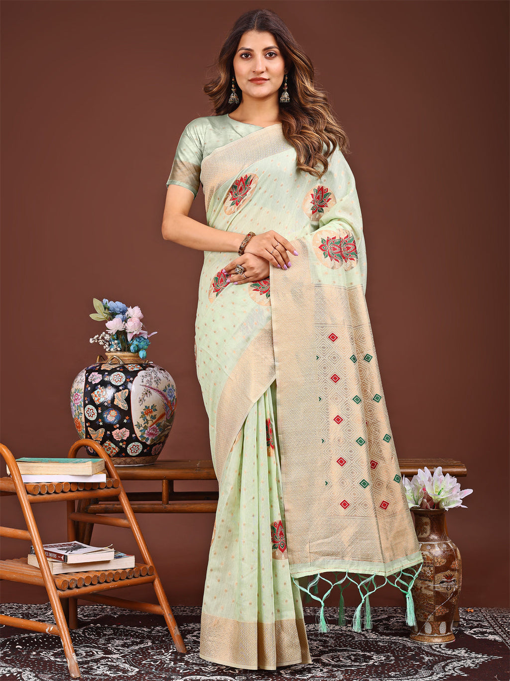 Shree Shyam Fashion Elegant Light Green Woven Work Saree - A Whiff of Tradition Wrapped in Grace | Grocsy