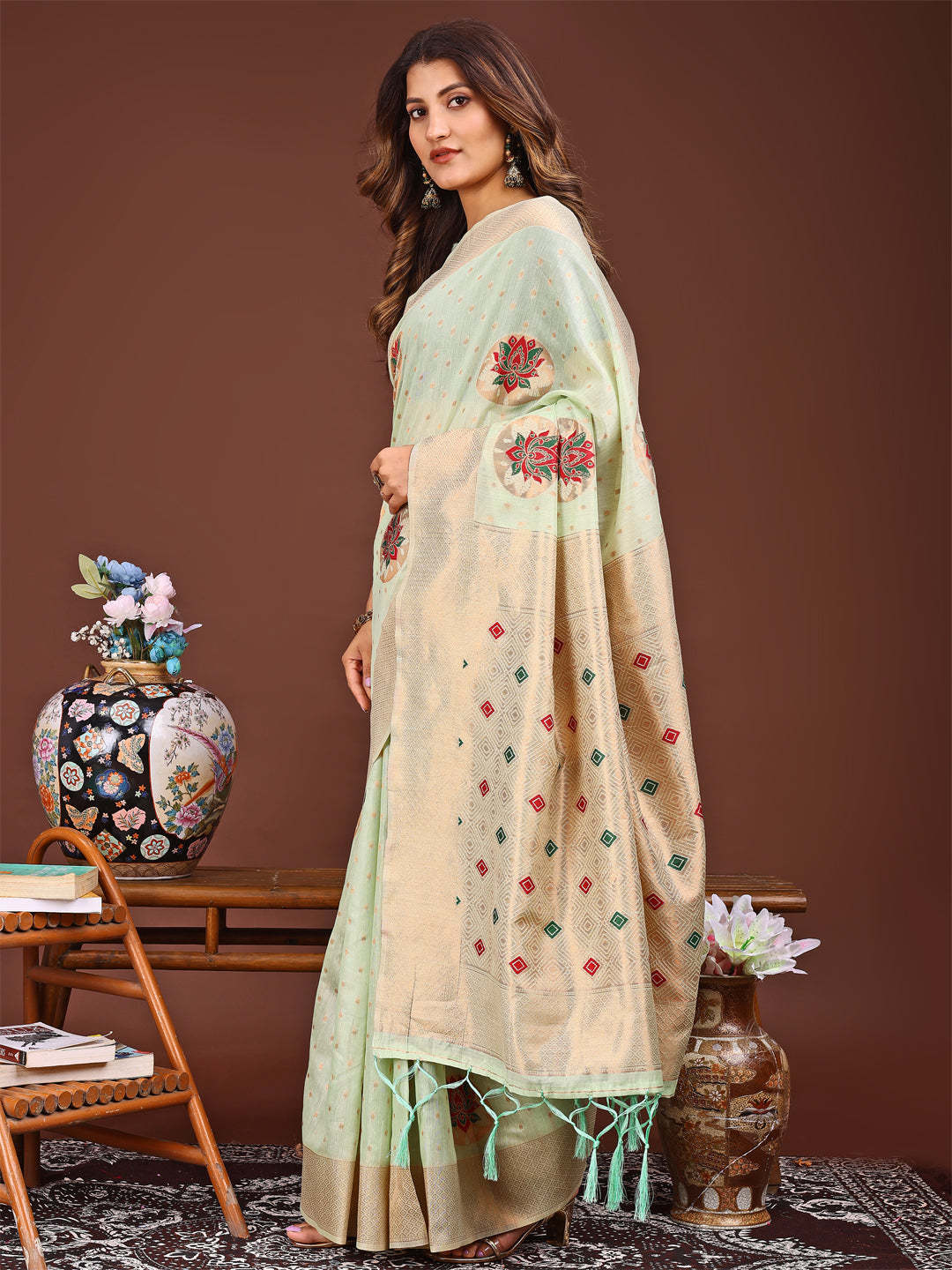 Shree Shyam Fashion Elegant Light Green Woven Work Saree - A Whiff of Tradition Wrapped in Grace | Grocsy