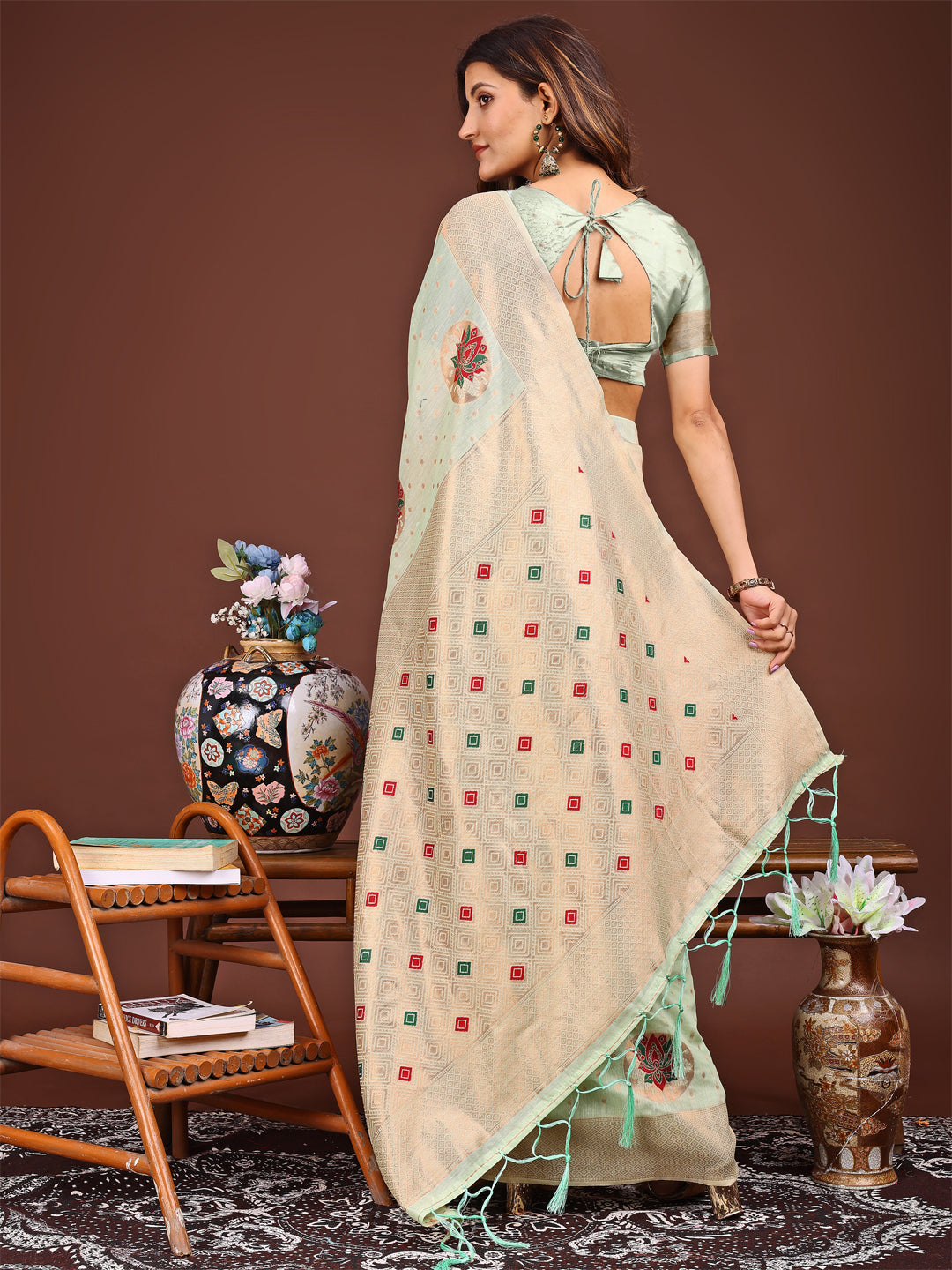 Shree Shyam Fashion Elegant Light Green Woven Work Saree - A Whiff of Tradition Wrapped in Grace | Grocsy