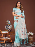 Shree Shyam Fashion Elegant Sky Blue Woven Work Saree - A Whiff of Tradition Wrapped in Grace | Grocsy