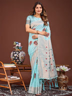 Shree Shyam Fashion Elegant Sky Blue Woven Work Saree - A Whiff of Tradition Wrapped in Grace | Grocsy