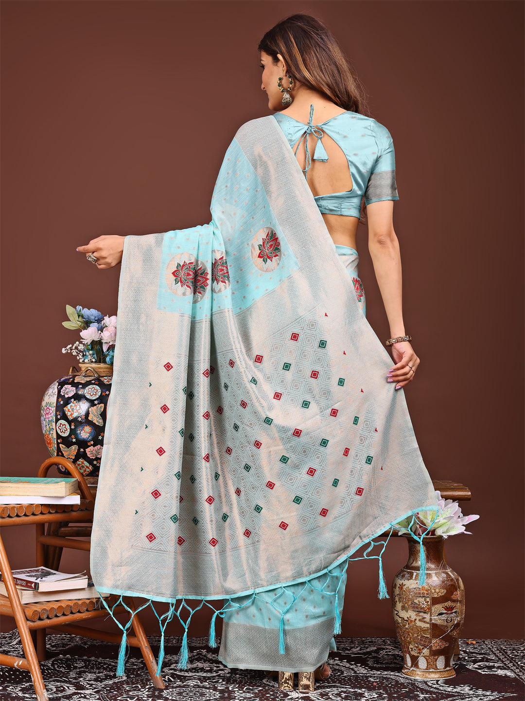 Shree Shyam Fashion Elegant Sky Blue Woven Work Saree - A Whiff of Tradition Wrapped in Grace | Grocsy