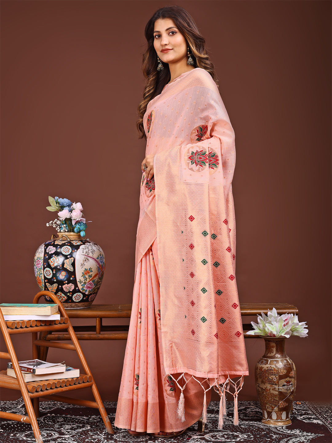 Shree Shyam Fashion Elegant Pink Woven Work Saree - A Whiff of Tradition Wrapped in Grace | Grocsy