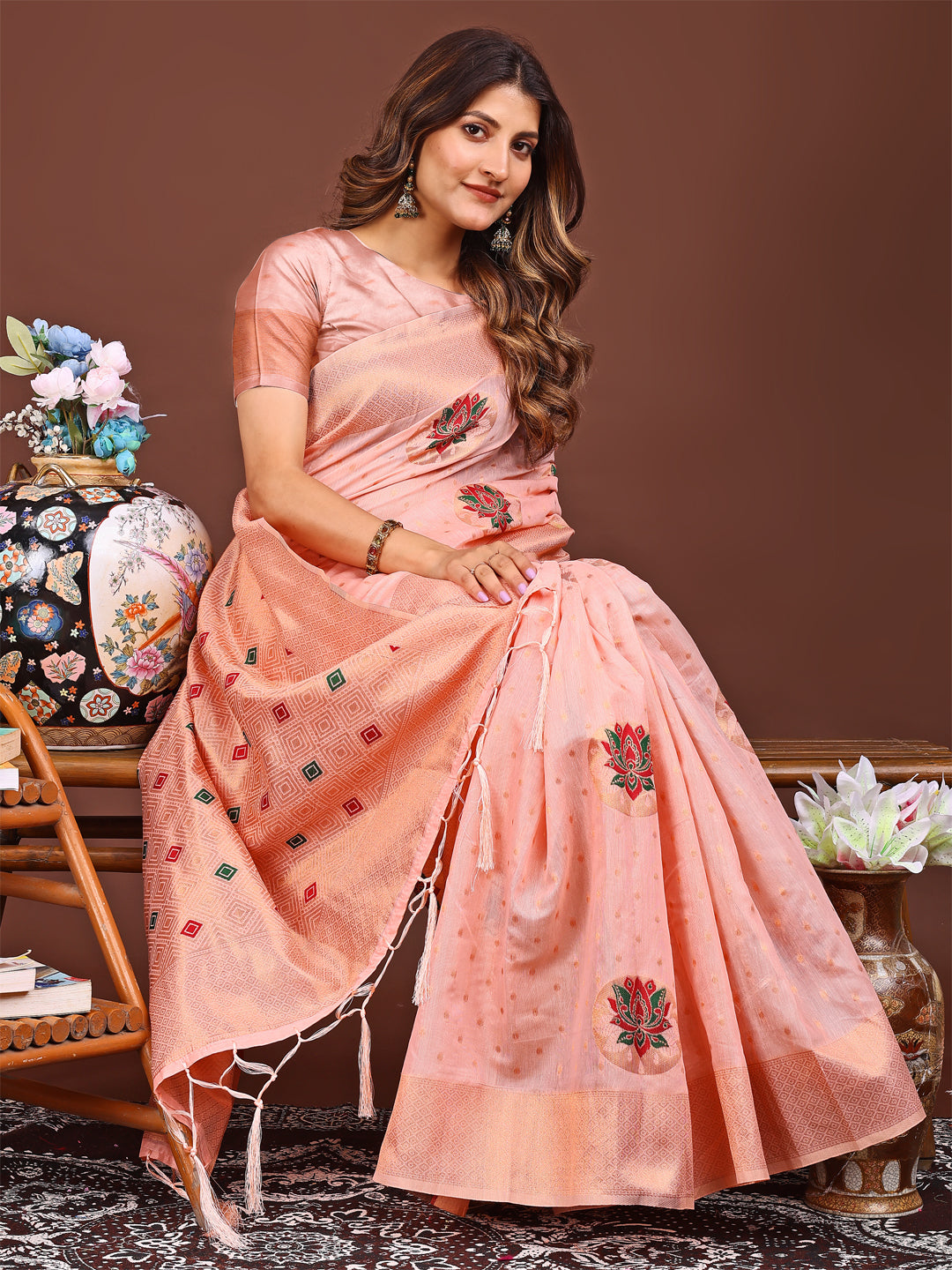 Shree Shyam Fashion Elegant Pink Woven Work Saree - A Whiff of Tradition Wrapped in Grace | Grocsy