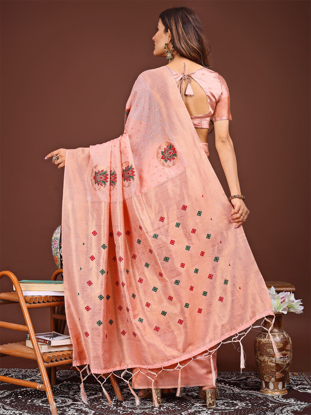 Shree Shyam Fashion Elegant Pink Woven Work Saree - A Whiff of Tradition Wrapped in Grace | Grocsy