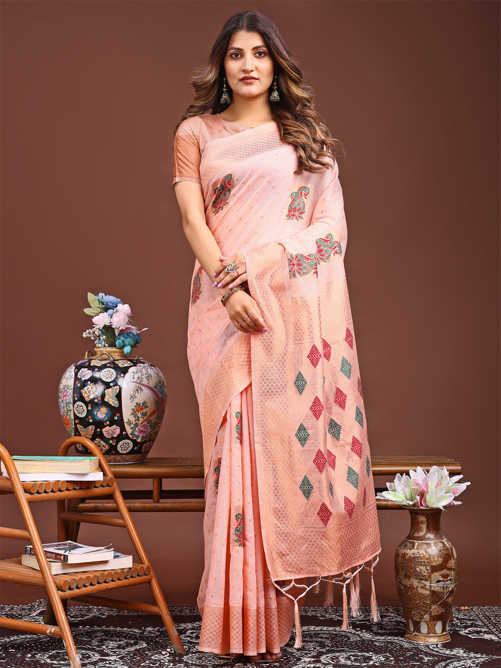 Shree Shyam Fashion Peach Jacquard Saree with Tassels - Radiate Soft Elegance and Timeless Beauty | Grocsy