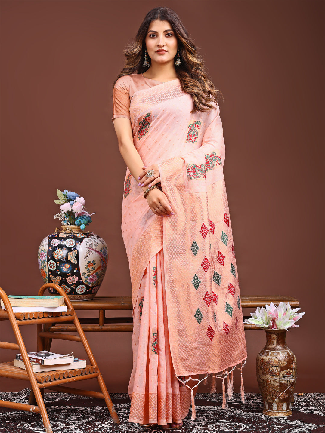 Shree Shyam Fashion Peach Jacquard Saree with Tassels - Radiate Soft Elegance and Timeless Beauty | Grocsy