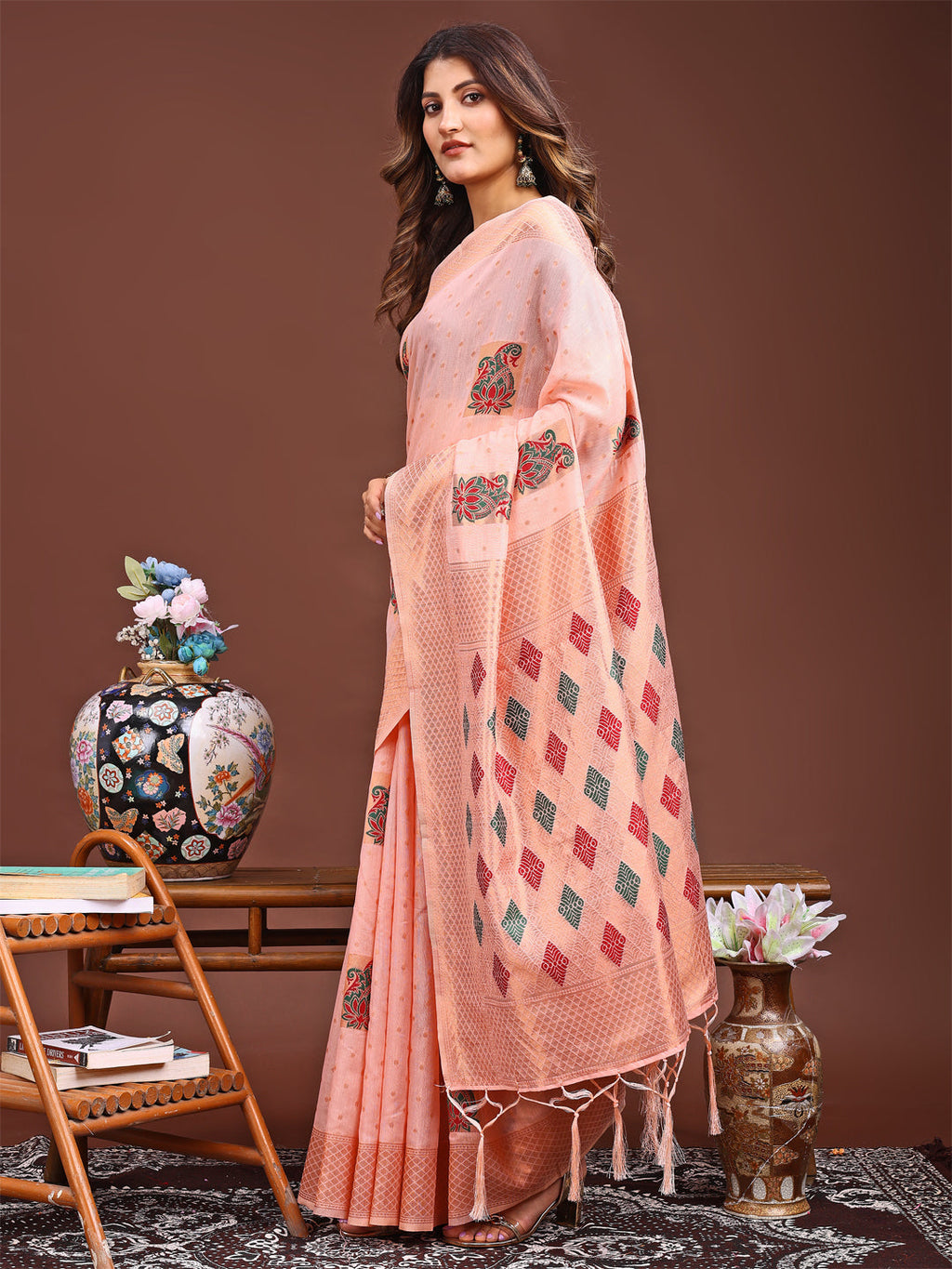 Shree Shyam Fashion Peach Jacquard Saree with Tassels - Radiate Soft Elegance and Timeless Beauty | Grocsy