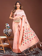 Shree Shyam Fashion Peach Jacquard Saree with Tassels - Radiate Soft Elegance and Timeless Beauty | Grocsy