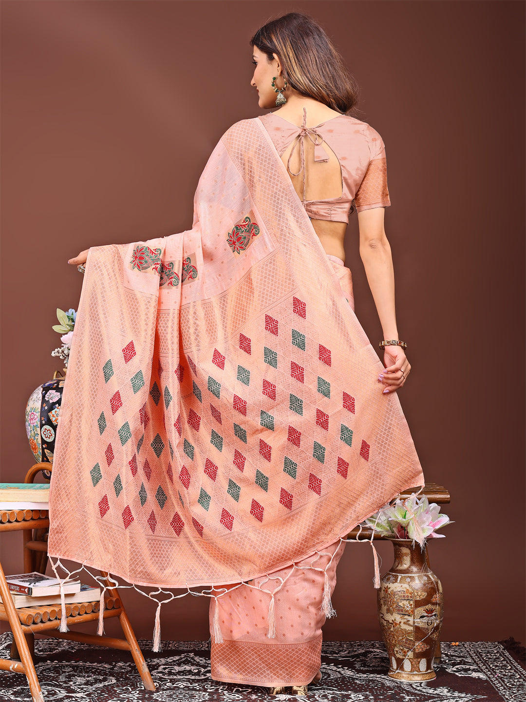 Shree Shyam Fashion Peach Jacquard Saree with Tassels - Radiate Soft Elegance and Timeless Beauty | Grocsy