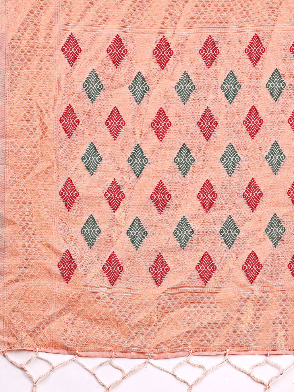 Shree Shyam Fashion Peach Jacquard Saree with Tassels - Radiate Soft Elegance and Timeless Beauty | Grocsy