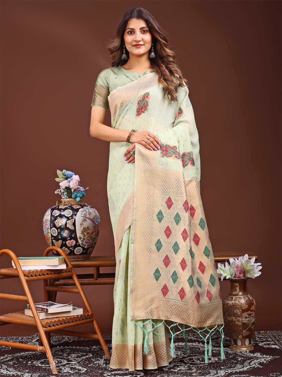 Shree Shyam Fashion Light Green Jacquard Saree with Tassels - Radiate Soft Elegance and Timeless Beauty | Grocsy