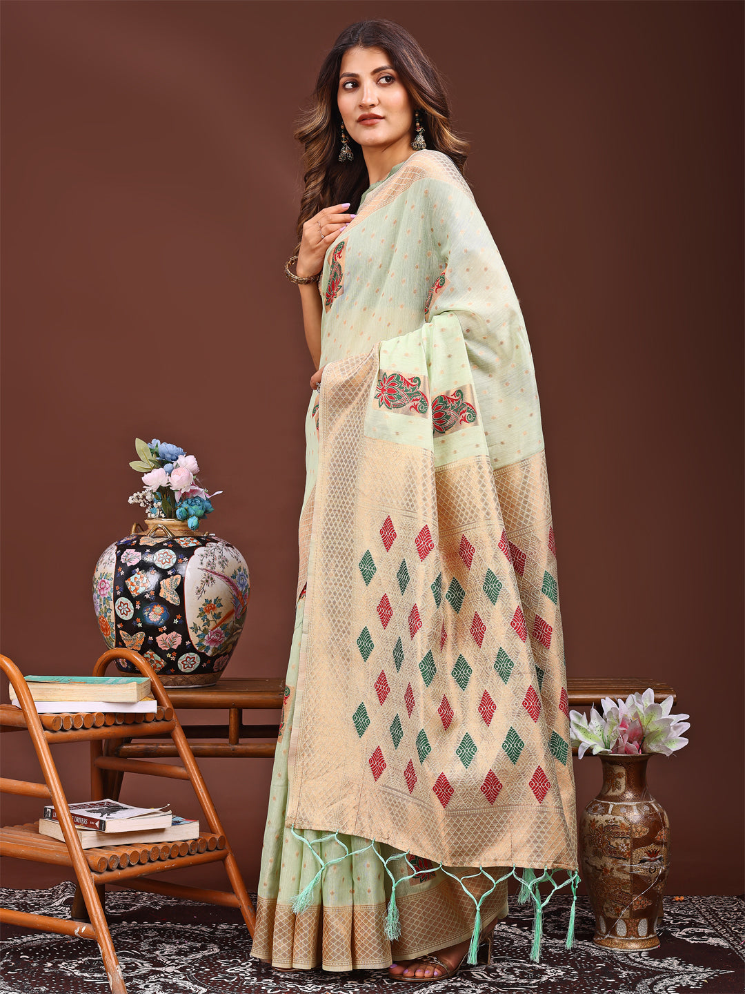 Shree Shyam Fashion Light Green Jacquard Saree with Tassels - Radiate Soft Elegance and Timeless Beauty | Grocsy