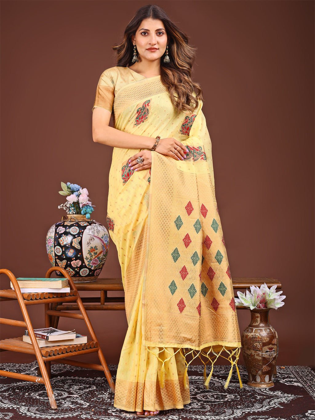 Shree Shyam Fashion Yellow Jacquard Saree with Tassels - Radiate Soft Elegance and Timeless Beauty | Grocsy
